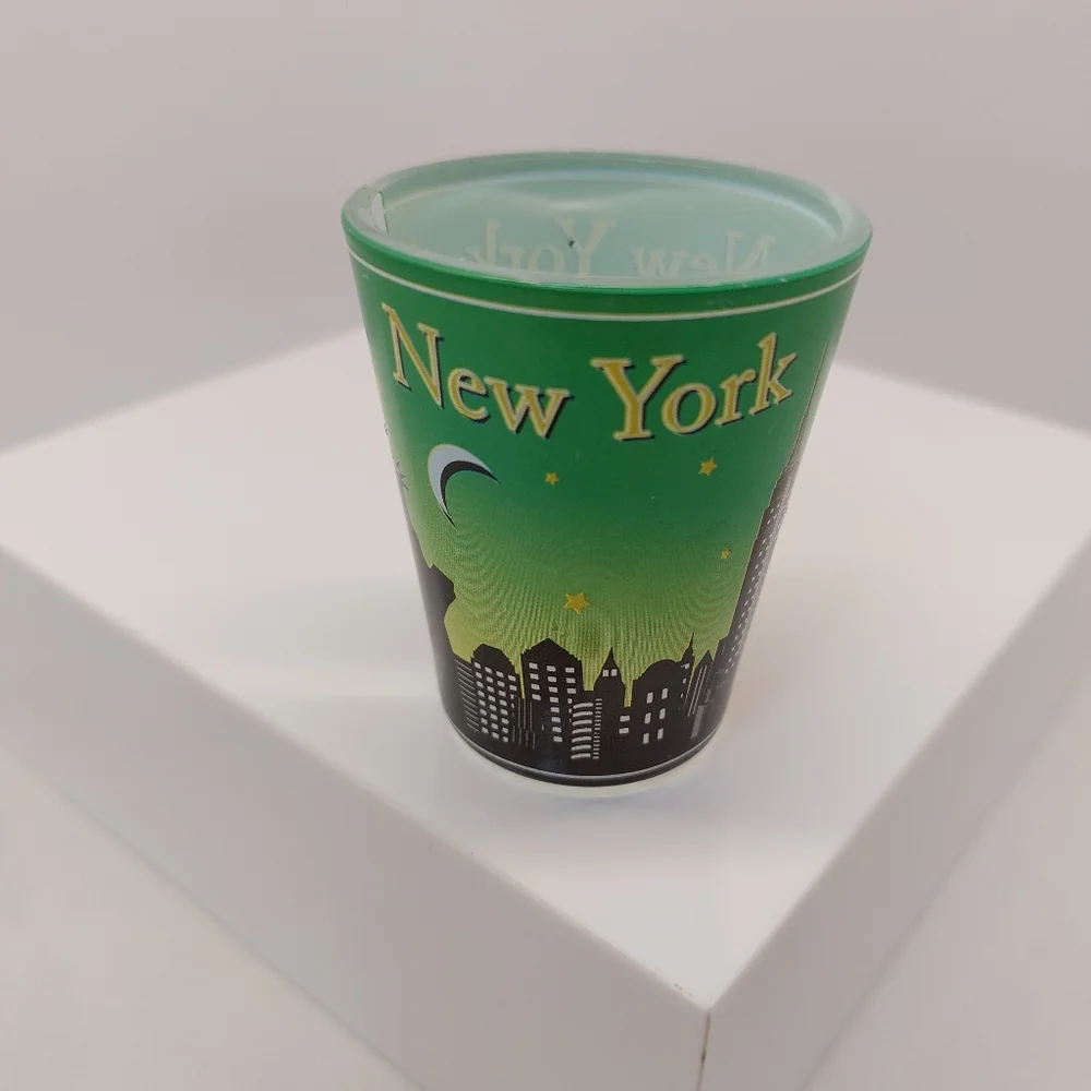 Shot Glass New York City Skyline at Night Broadway Times Square Statue of Libert